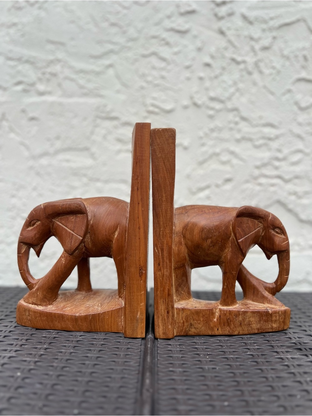 3.6lbs Vintage Hand Carved Wood Elephant Bookends Set Boho Rustic Art Home Decor